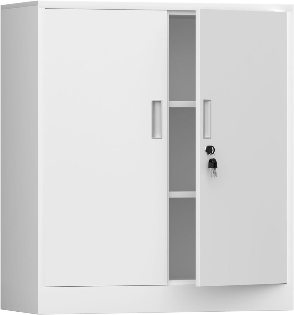 Metal Storage Cabinet with Locking Doors and 2 Adjustable Shelves, Small Lockable Storage Cabinet for Home Office Garage (White) Metal Storage Cabinet with Locking Doors and 2 Adjustable Shelves, Small Lockable Storage Cabinet for Home Office Garage (White)