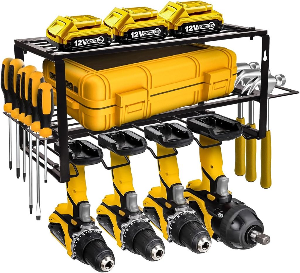 Power Tool Organizer, Alloy Steel Tool Storage Rack, Wall Mounted, 3 Layer Floating Shelf, 4 Drill Slots, Black Power Tool Organizer, Alloy Steel Tool Storage Rack, Wall Mounted, 3 Layer Floating Shelf, 4 Drill Slots, Black