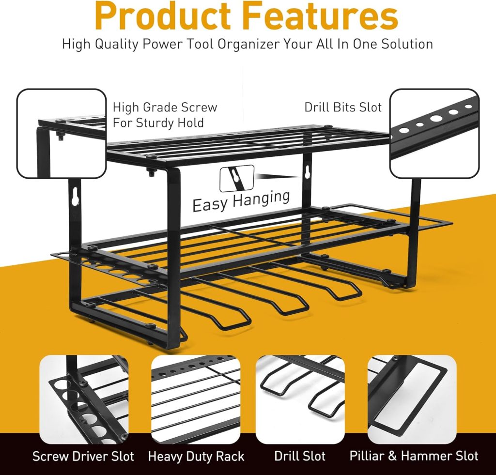 Power Tool Organizer, Alloy Steel Tool Storage Rack, Wall Mounted, 3 Layer Floating Shelf, 4 Drill Slots, Black Power Tool Organizer, Alloy Steel Tool Storage Rack, Wall Mounted, 3 Layer Floating Shelf, 4 Drill Slots, Black