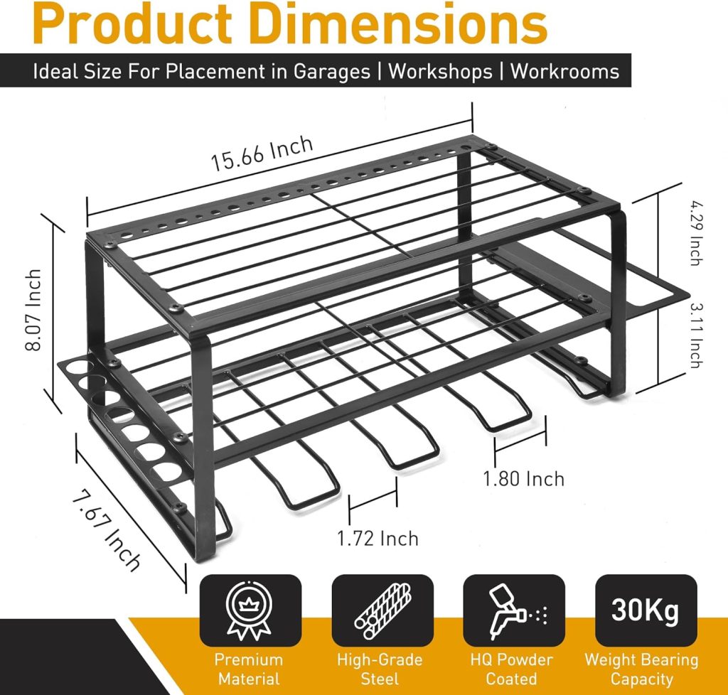 Power Tool Organizer, Alloy Steel Tool Storage Rack, Wall Mounted, 3 Layer Floating Shelf, 4 Drill Slots, Black Power Tool Organizer, Alloy Steel Tool Storage Rack, Wall Mounted, 3 Layer Floating Shelf, 4 Drill Slots, Black