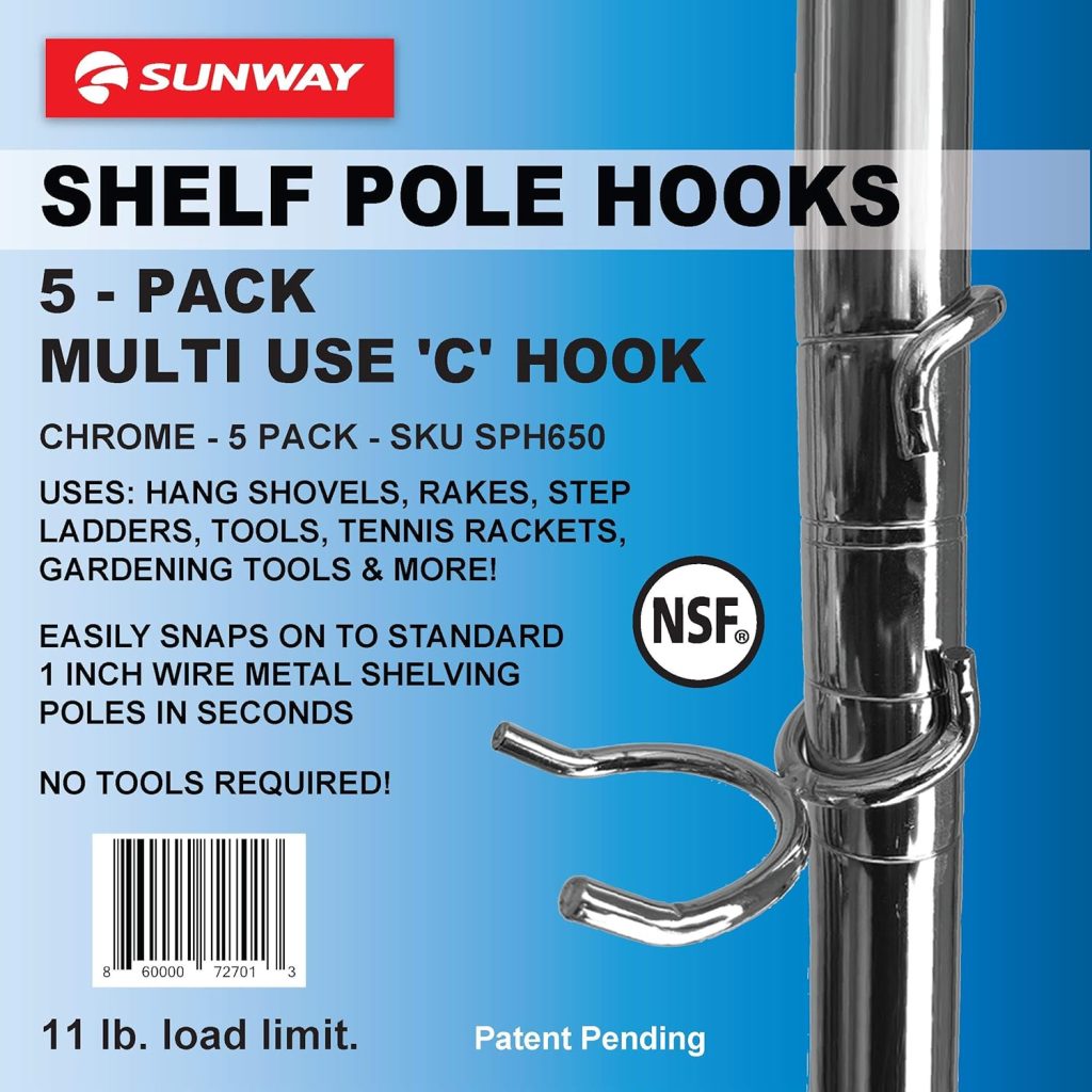 Shelf Pole Hooks 5-Pack | Chrome Multi-Use C-Hook | Best Solution for Garage Shelving Storage Organization | Use with Metal or Wire Shelves and Racks | Heavy Duty, Easy Installation Shelf Pole Hooks 5-Pack | Chrome Multi-Use C-Hook | Best Solution for Garage Shelving Storage Organization | Use with Metal or Wire Shelves and Racks | Heavy Duty, Easy Installation