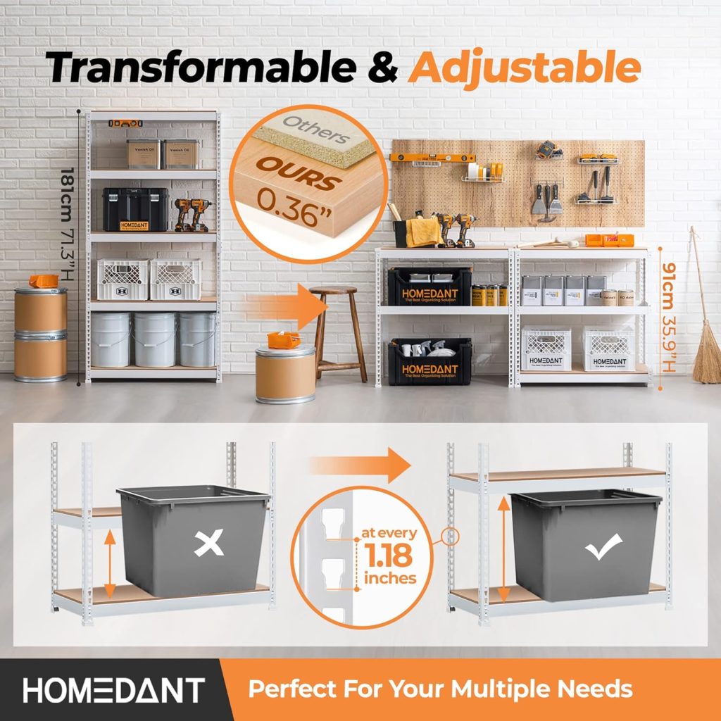 HOMEDANT 5 Tier Storage Shelves Adjustable Laminated Garage Metal Shelving Unit Heavy Duty Utility Rack Shelf Warehouse Pantry Closet Kitchen 35.9 W x 16.2 D x 71.3 H White 1Pack